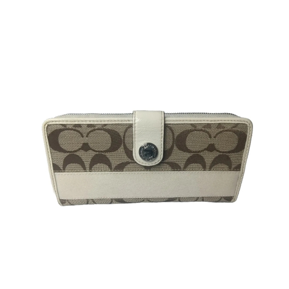 Coach Signature Stripe Checkbook Wallet Khaki~Brown~Cream Full Size - Picture 9 of 9